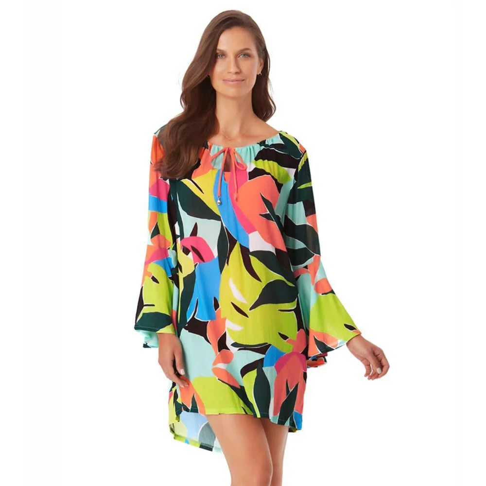 New! ANNE COLE Women's Polynesian Palm Tunic Swim Beach Pool Cover-Up Medium